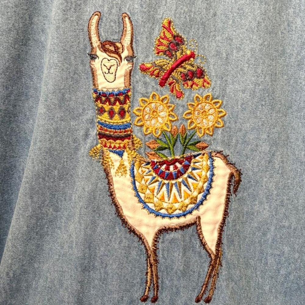 Blue Denim Embroidered Llama Button Up Shirt - Picture 2 of 7